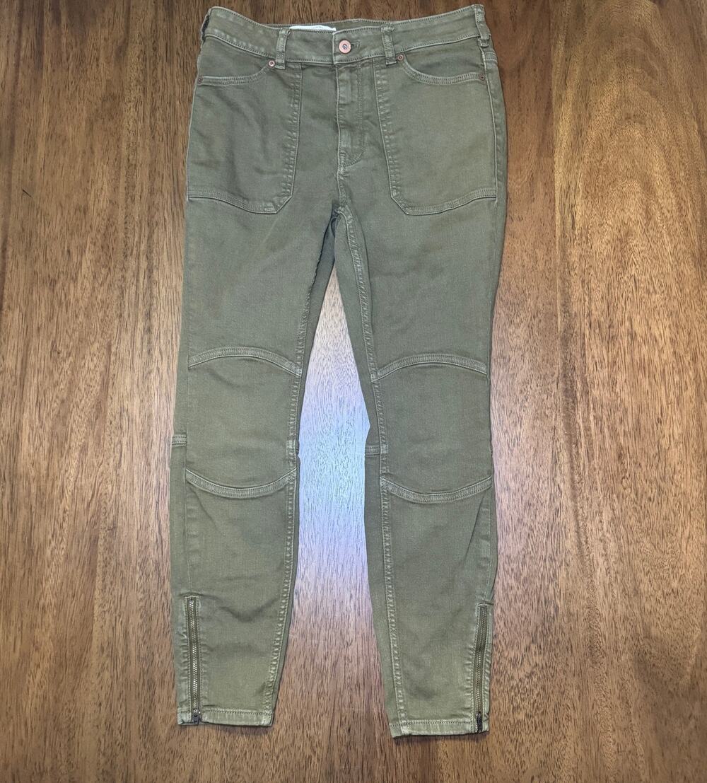 Pilcro Anthropologie High Rise Denim Legging Size 30 Olive Moto Ankle Zip Skinny
